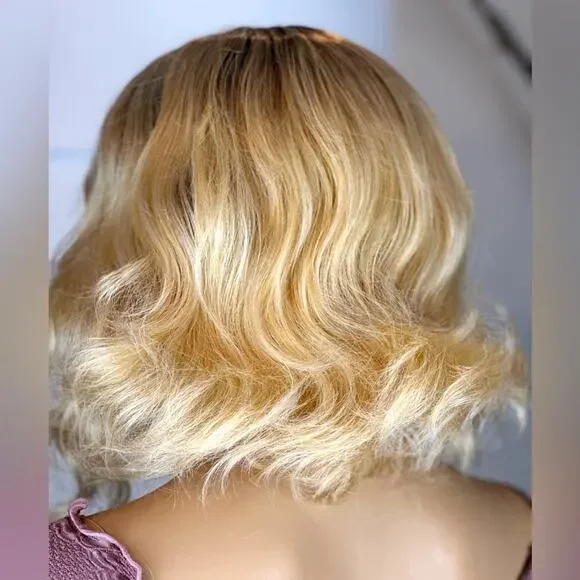 Blonde Ombre Wig Dark Roots Wavy - Picture 8 of 9